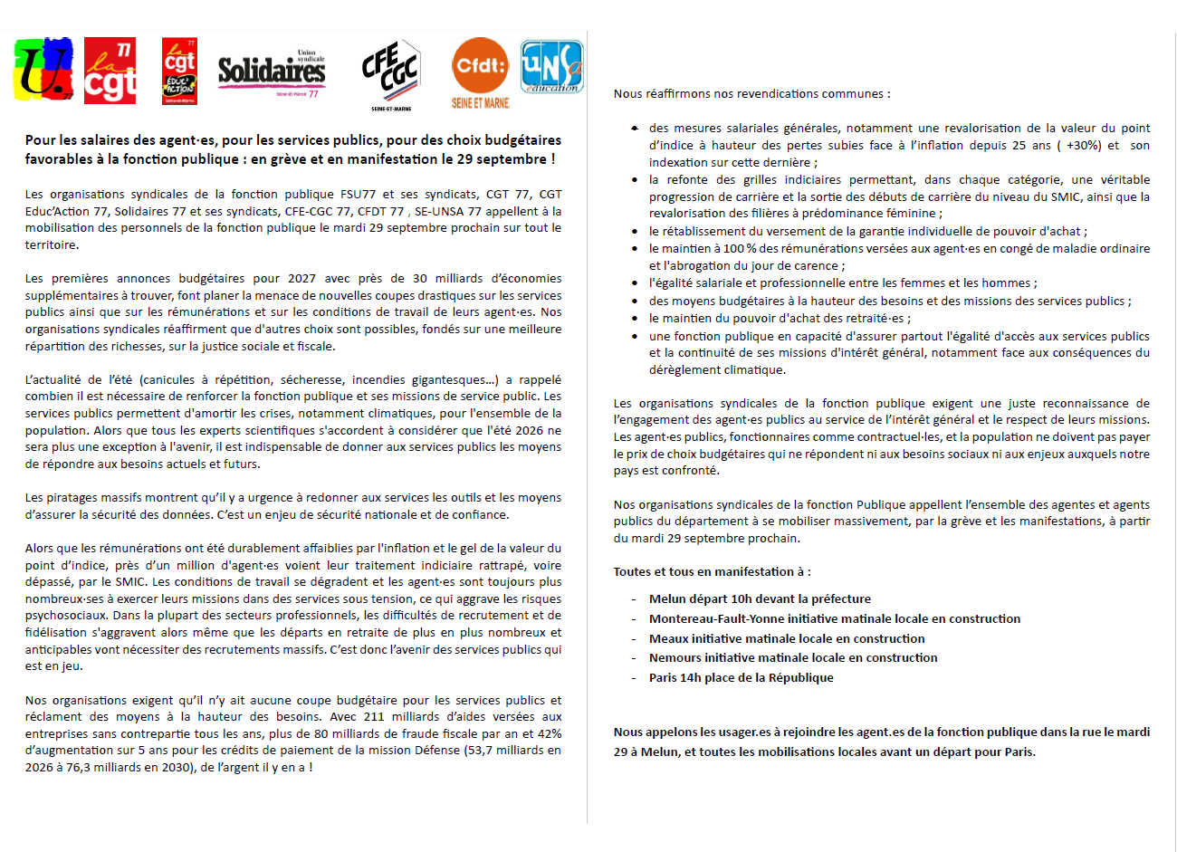 INTERSYNDICALE SERVICES PUBLICS : EN GRÈVE ET EN MANIFESTATION LE 29 SEPTEMBRE À MELUN !
