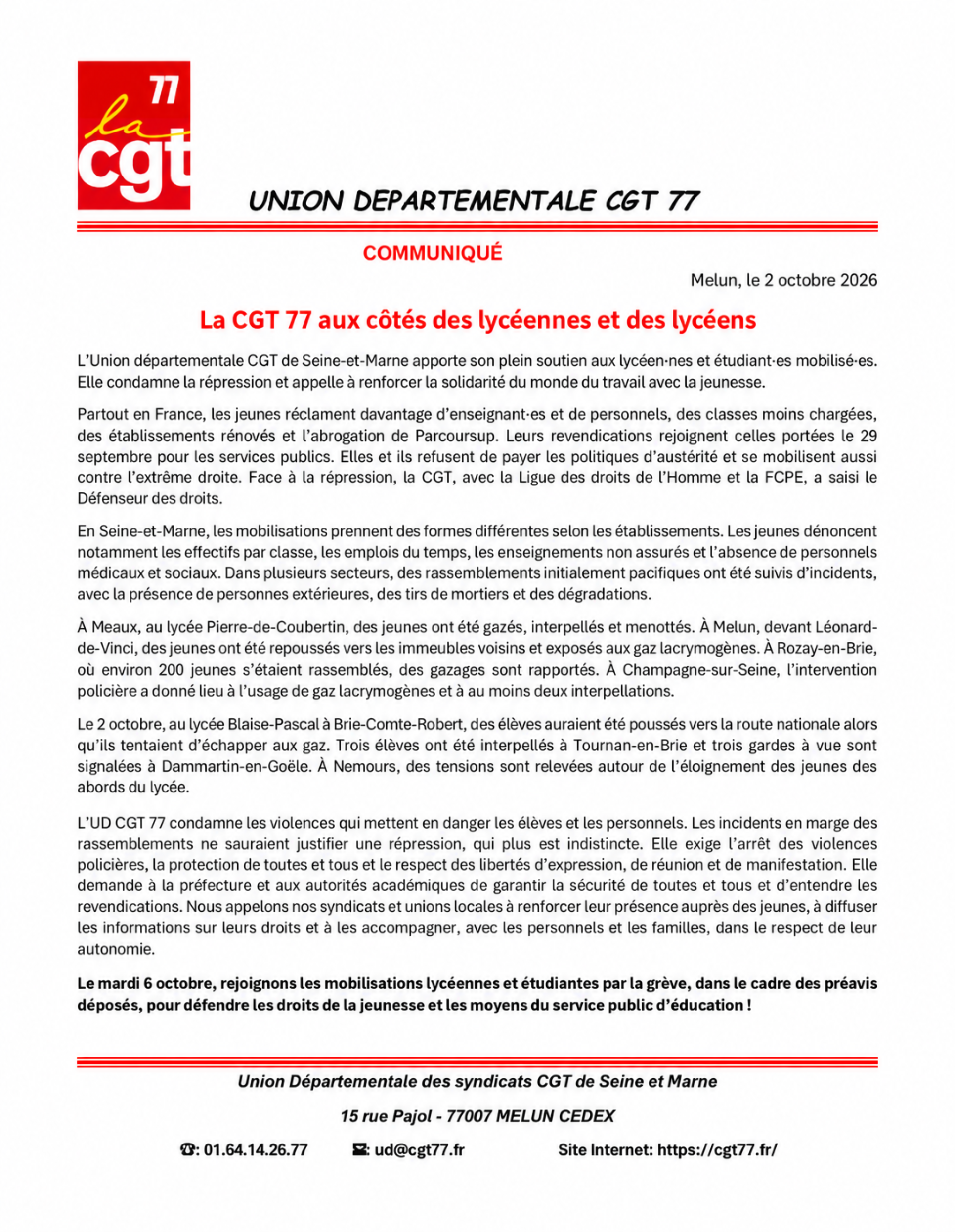MARDI 6 OCTOBRE : SOUTENONS LES MOBILISATIONS LYCÉENNES ET ÉTUDIANTES !