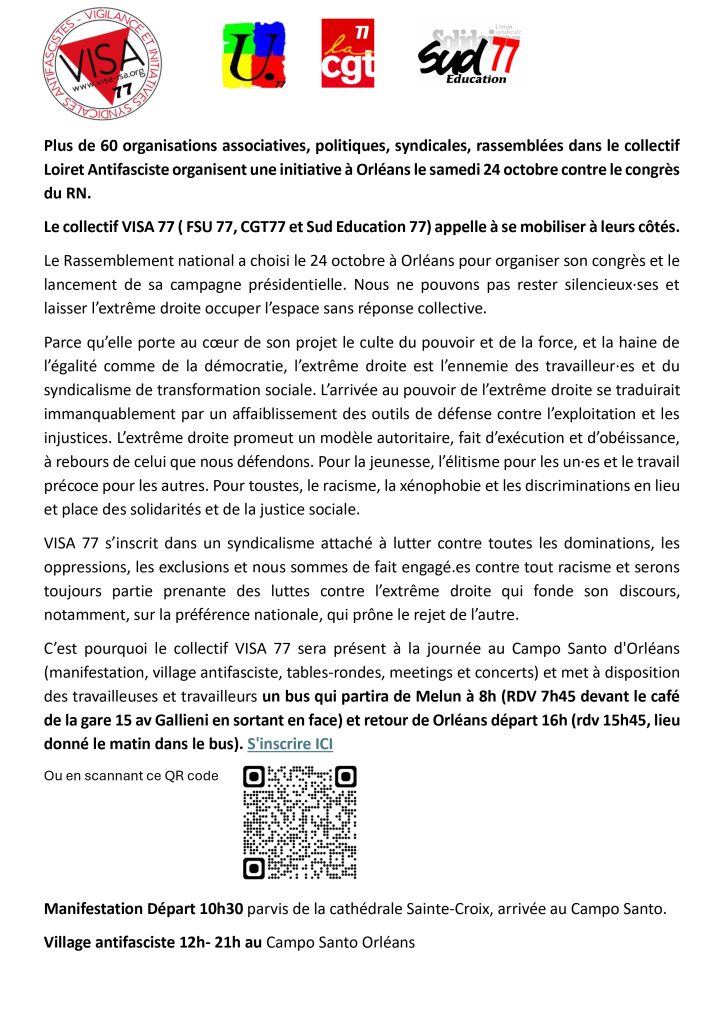 URGENT / IMPORTANT – CAR AU DÉPART DE MELUN POUR ORLÉANS SAMEDI 24 OCTOBRE 2026 – MOBILISATION ANTIFASCISTE